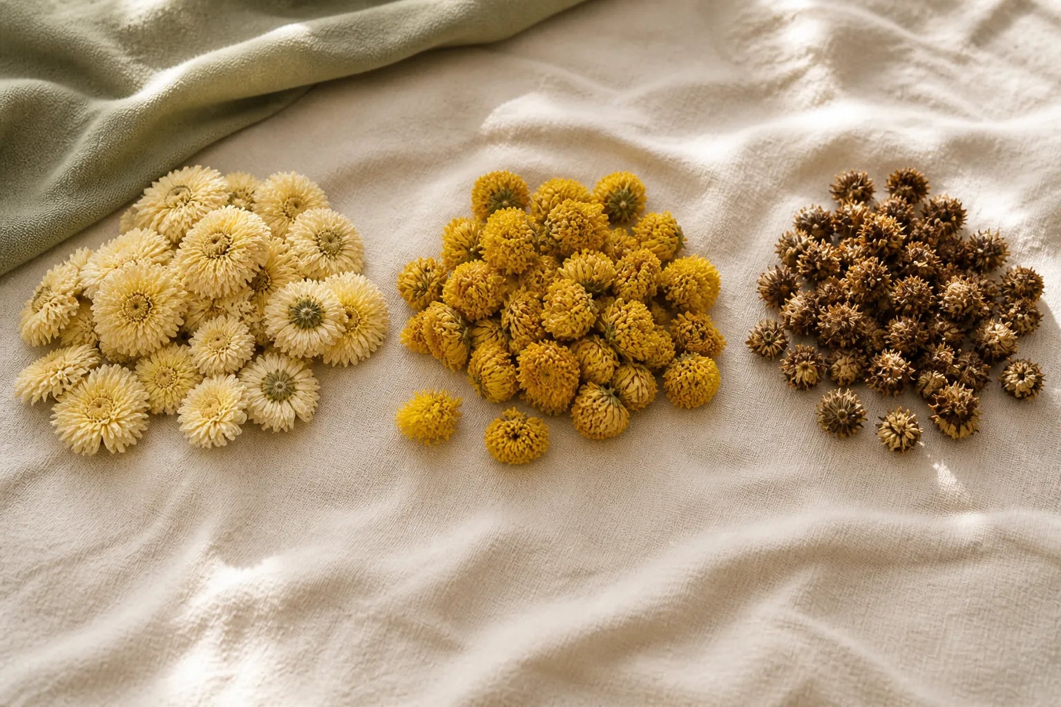 White, yellow, and wild chrysanthemum flowers for types of tea at PULSE TCM