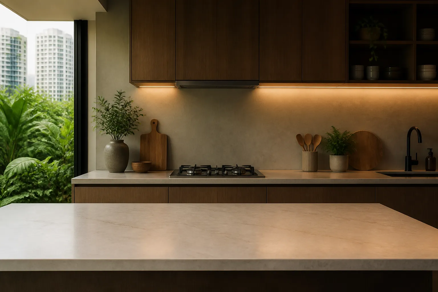 Empty stone kitchen island in a Singapore flat for TCM food myths at PULSE TCM