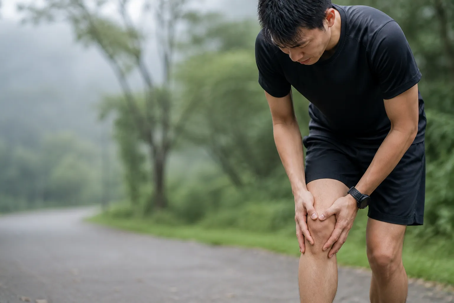 Runner pausing with both hands on the front of a sore kneecap
