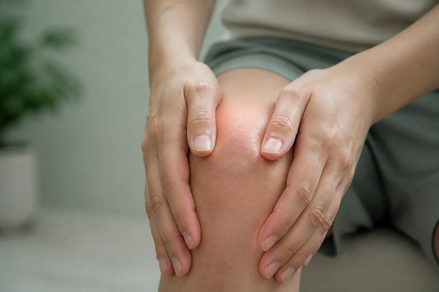 Hands cupping the front of a sore kneecap in runner's knee