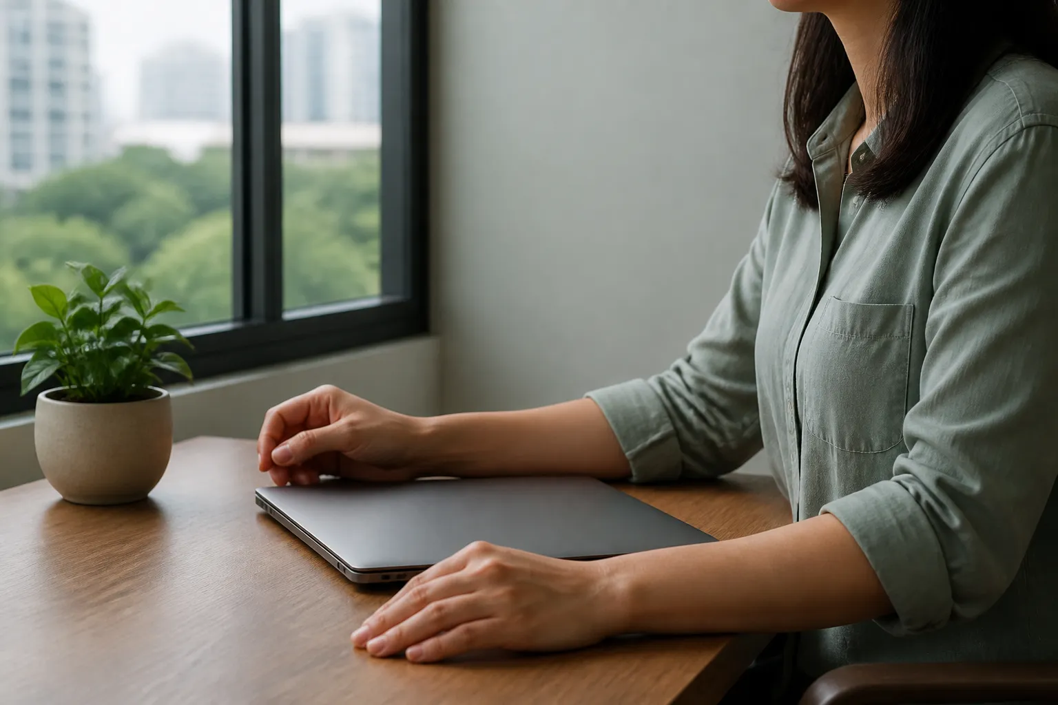 Person seated at a home desk with a closed laptop, illustrating long sitting and sedentary weight load