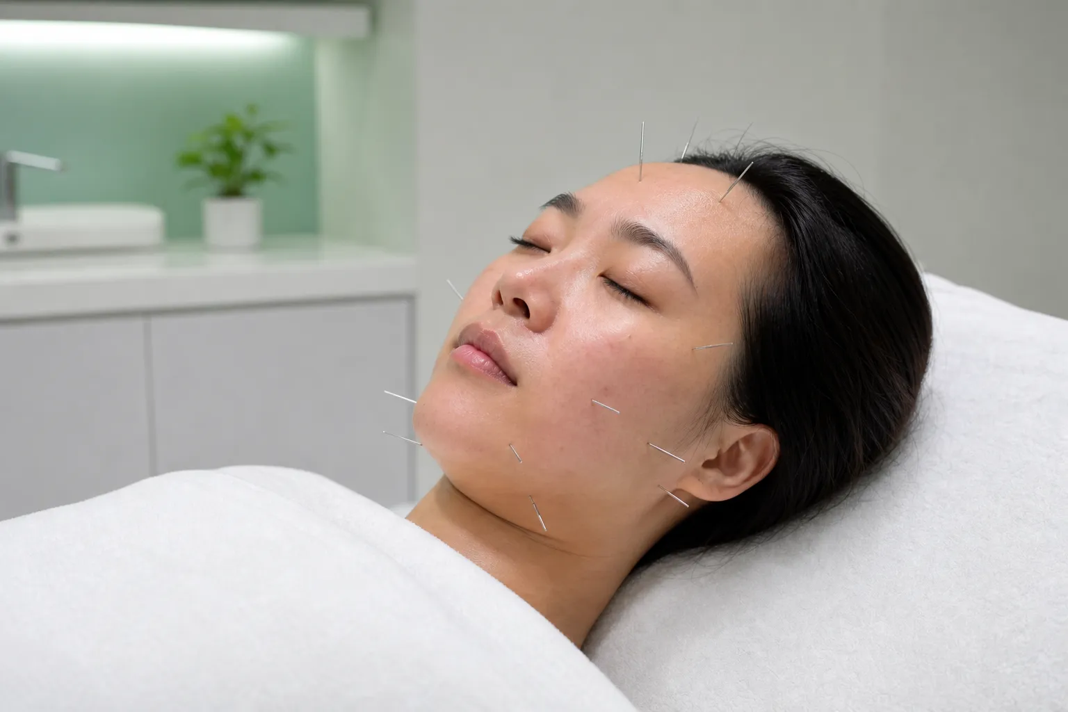 Close-up of facial acupuncture needles on forehead and cheek for skin rejuvenation at PULSE TCM