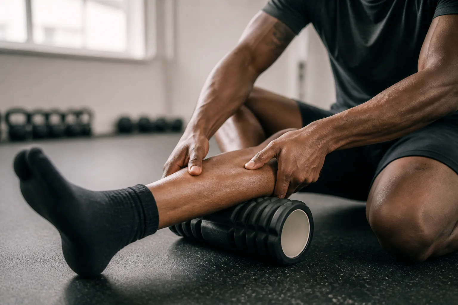 Athlete foam-rolling a calf after hard training for muscle recovery
