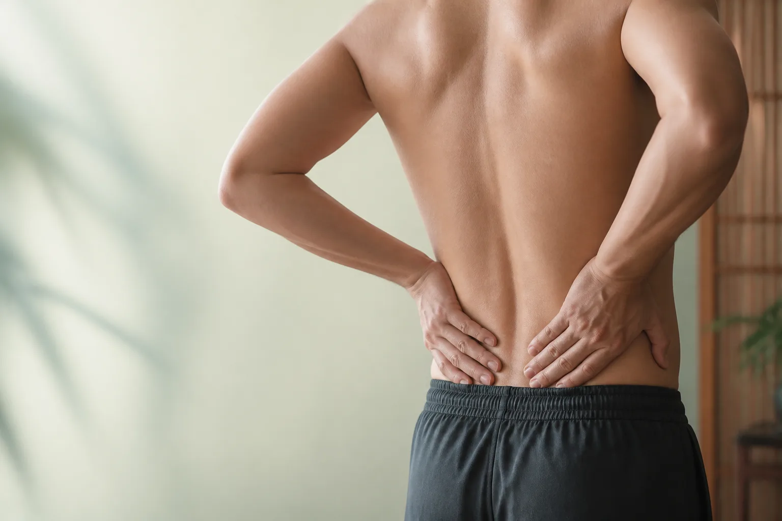 Hands holding the mid-back along the spinal column