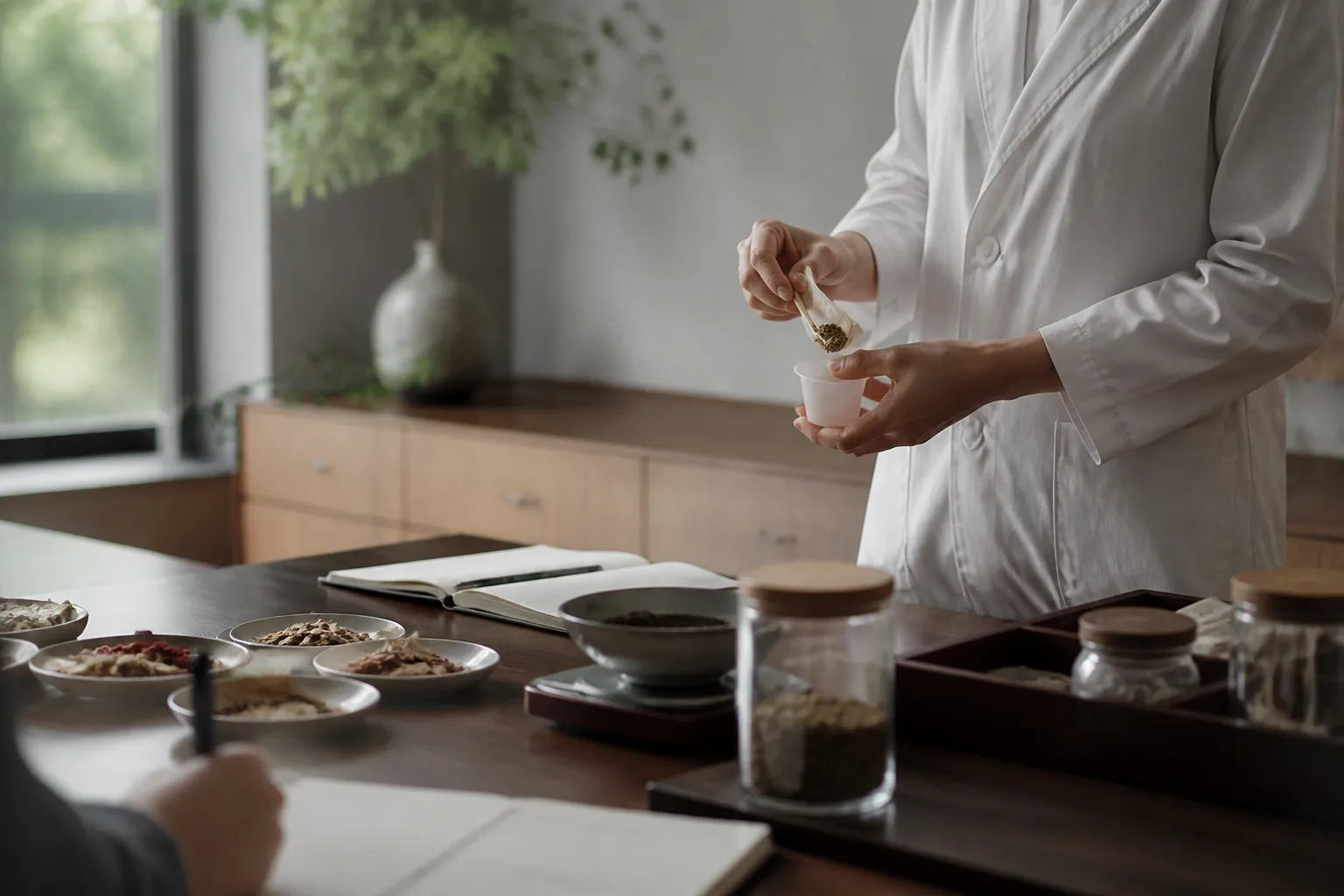 Physician preparing Chinese herbal granules at a TCM consult for training nutrition