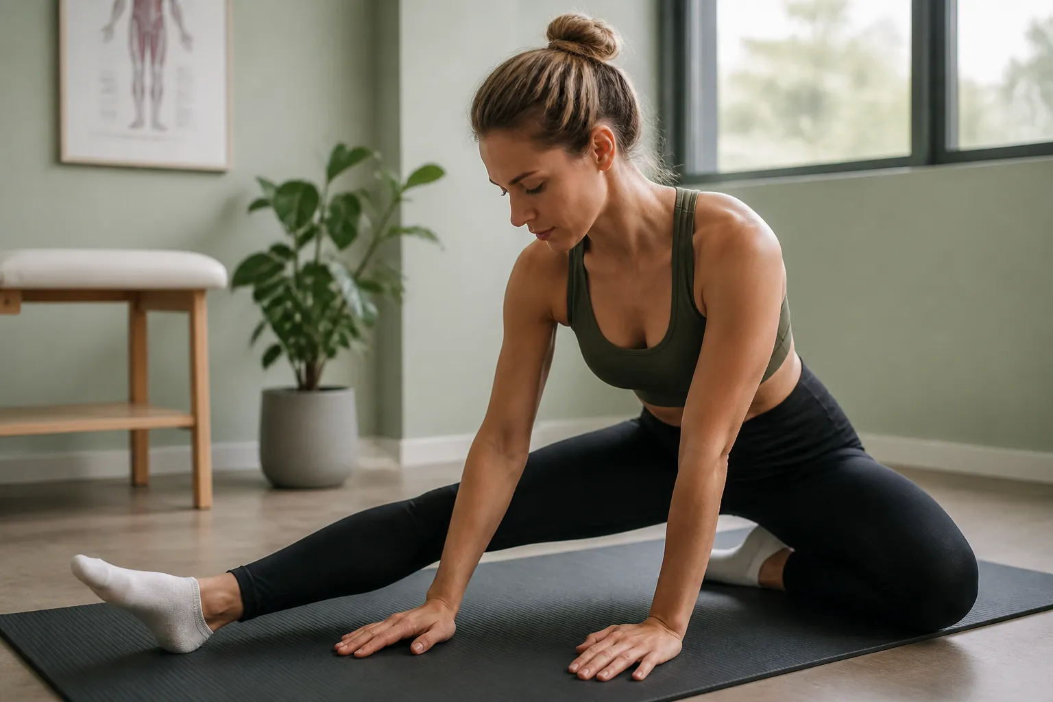 Athlete stretching a hip and hamstring for joint flexibility after training