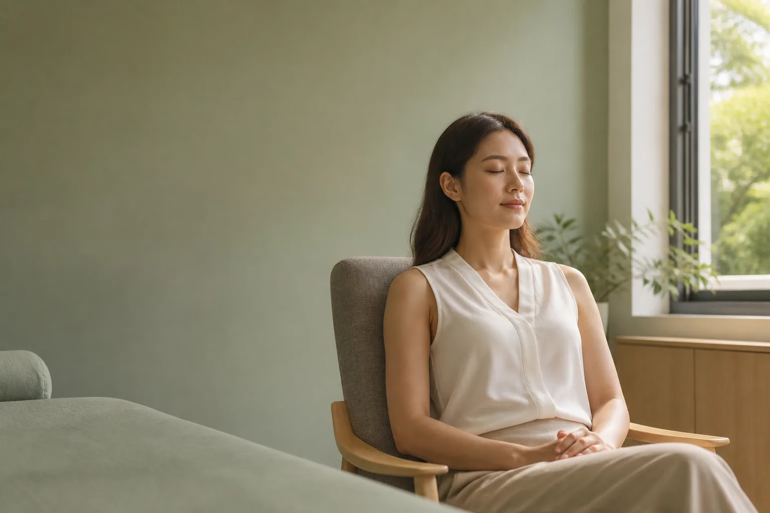 Person seated in calm repose after desk tension, illustrating a quiet stress reset