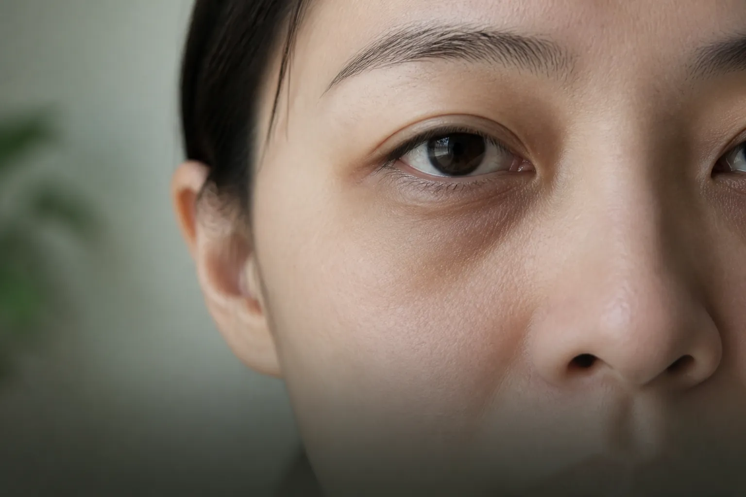 Close-up of dark under-eye circles on infraorbital skin