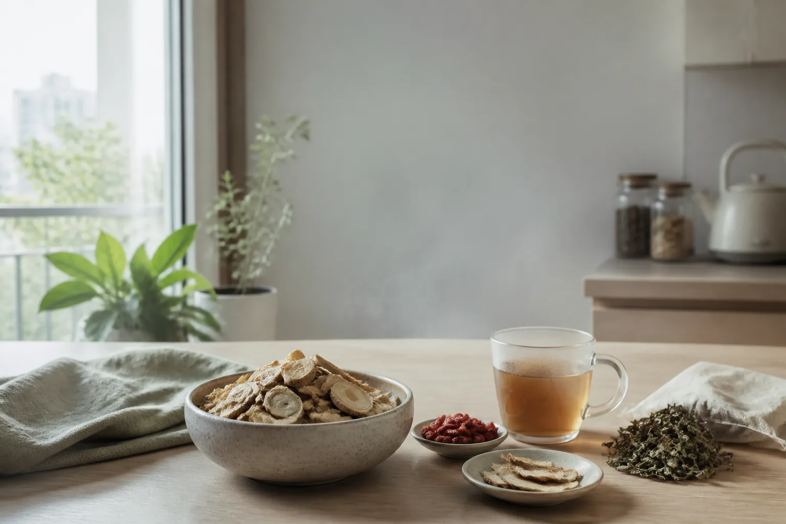 Ceramic bowl of dried Astragalus and kitchen herbs with warm tea for boosting immunity after COVID with TCM