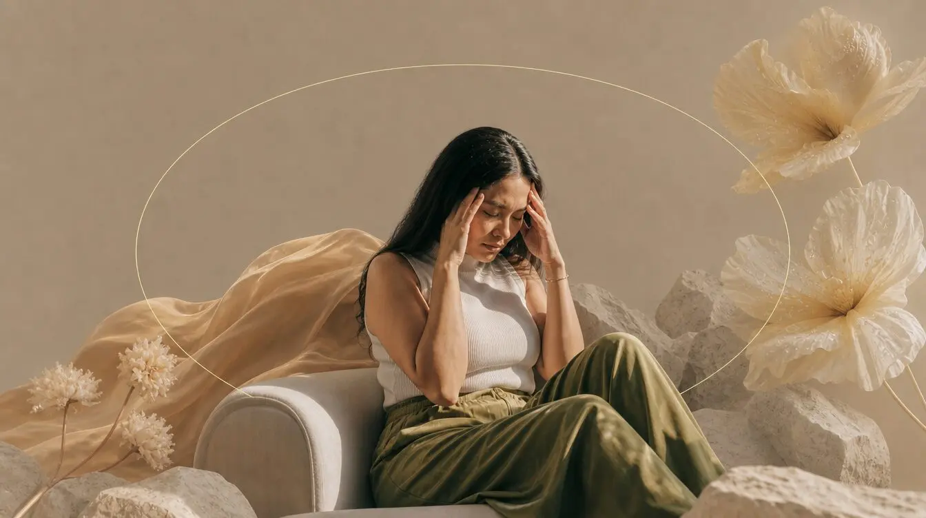 Woman holding her temples, illustrating how stress can weigh on fertility