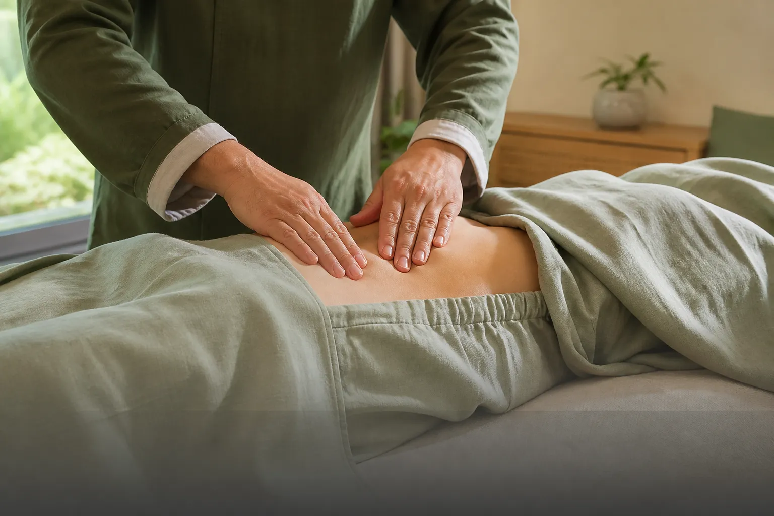 Physician assessing the abdomen during a TCM constipation consult at PULSE TCM