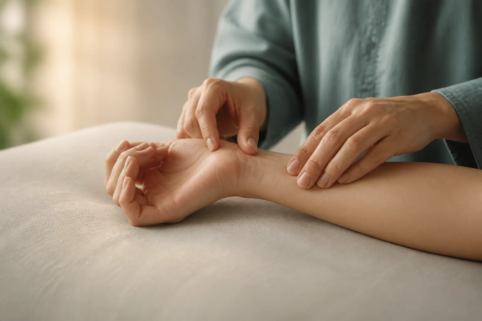Physician examining a thumb-side wrist for mommy wrist at PULSE TCM