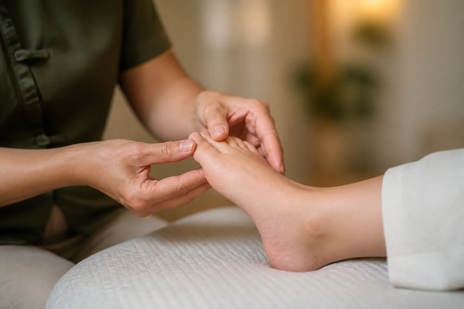 Hands examining a swollen first-toe joint for gout at PULSE TCM
