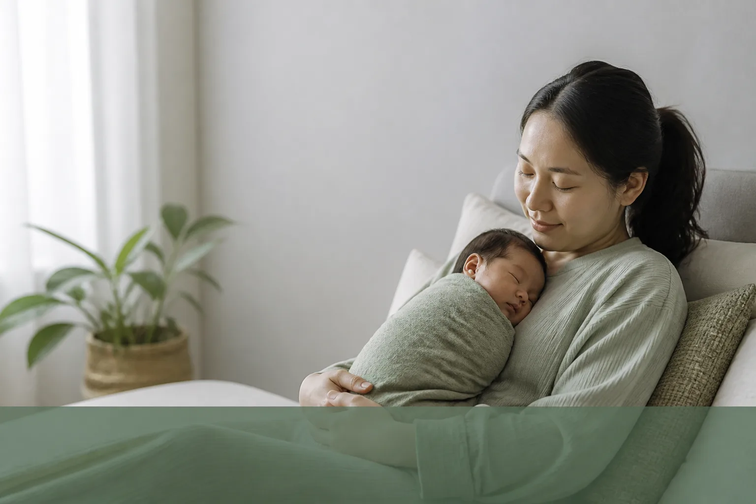 Mother resting with a swaddled newborn during postpartum recovery