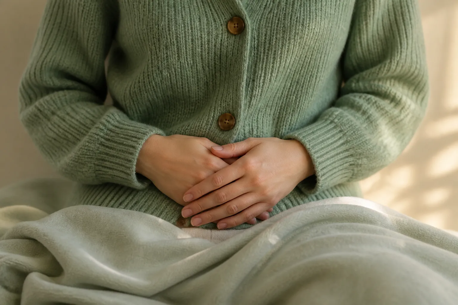 Hands on the lower abdomen for menstrual cramps care at PULSE TCM