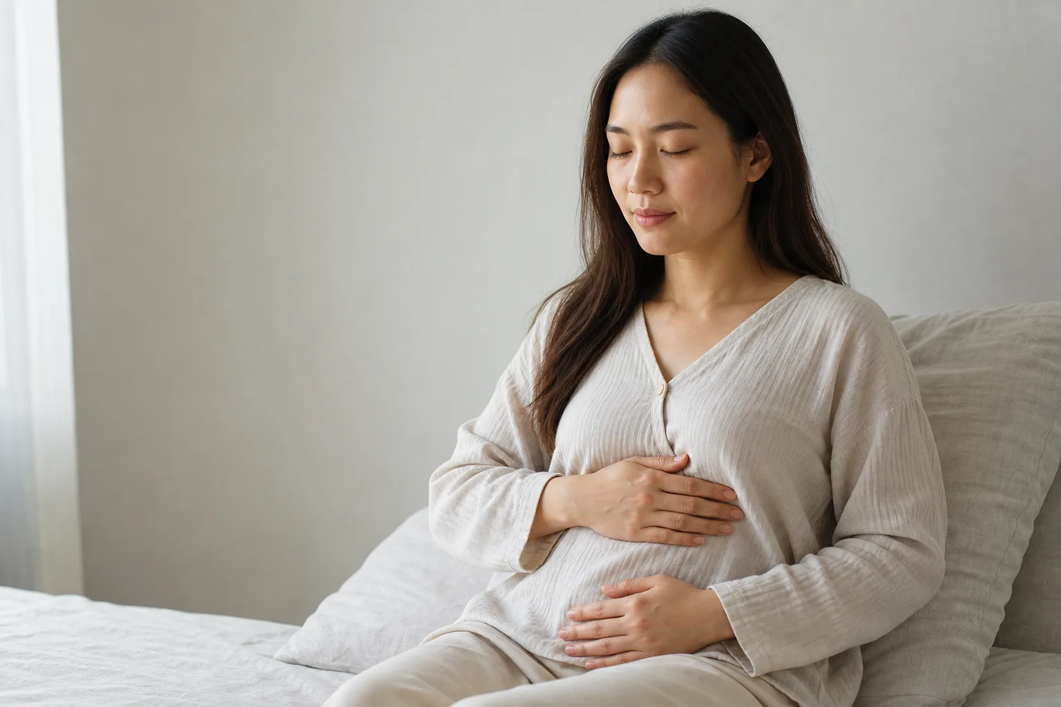 Hands on the chest-side and lower abdomen for PMS cycle care at PULSE TCM