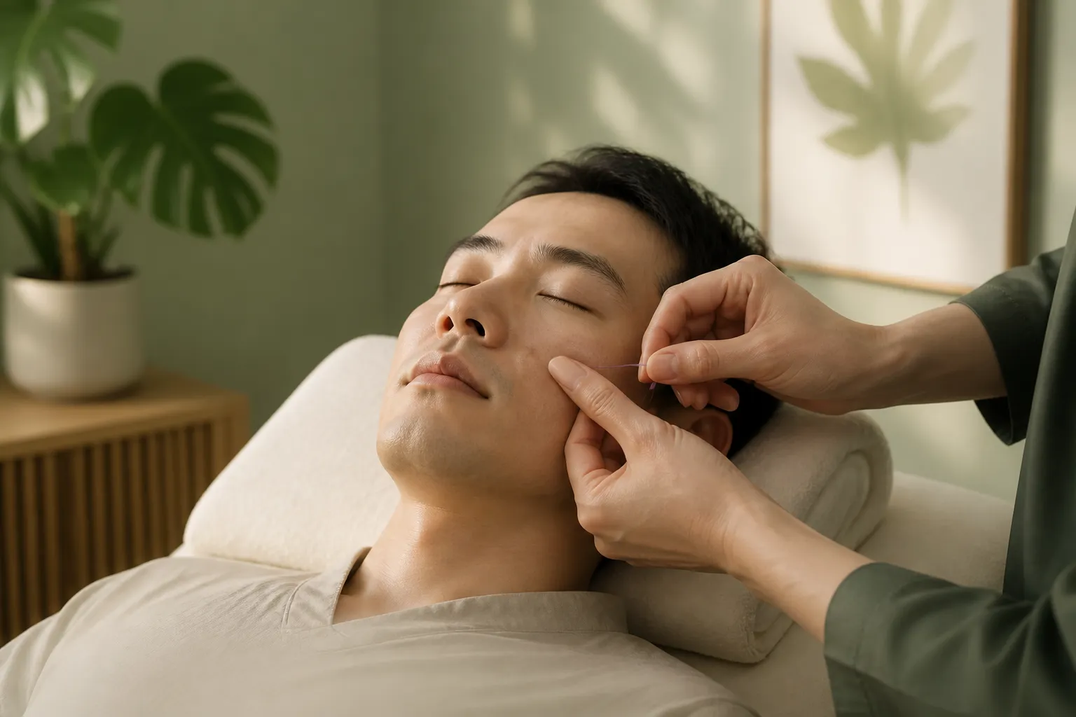 Physician placing a fine needle beside the nose for sinus congestion at PULSE TCM