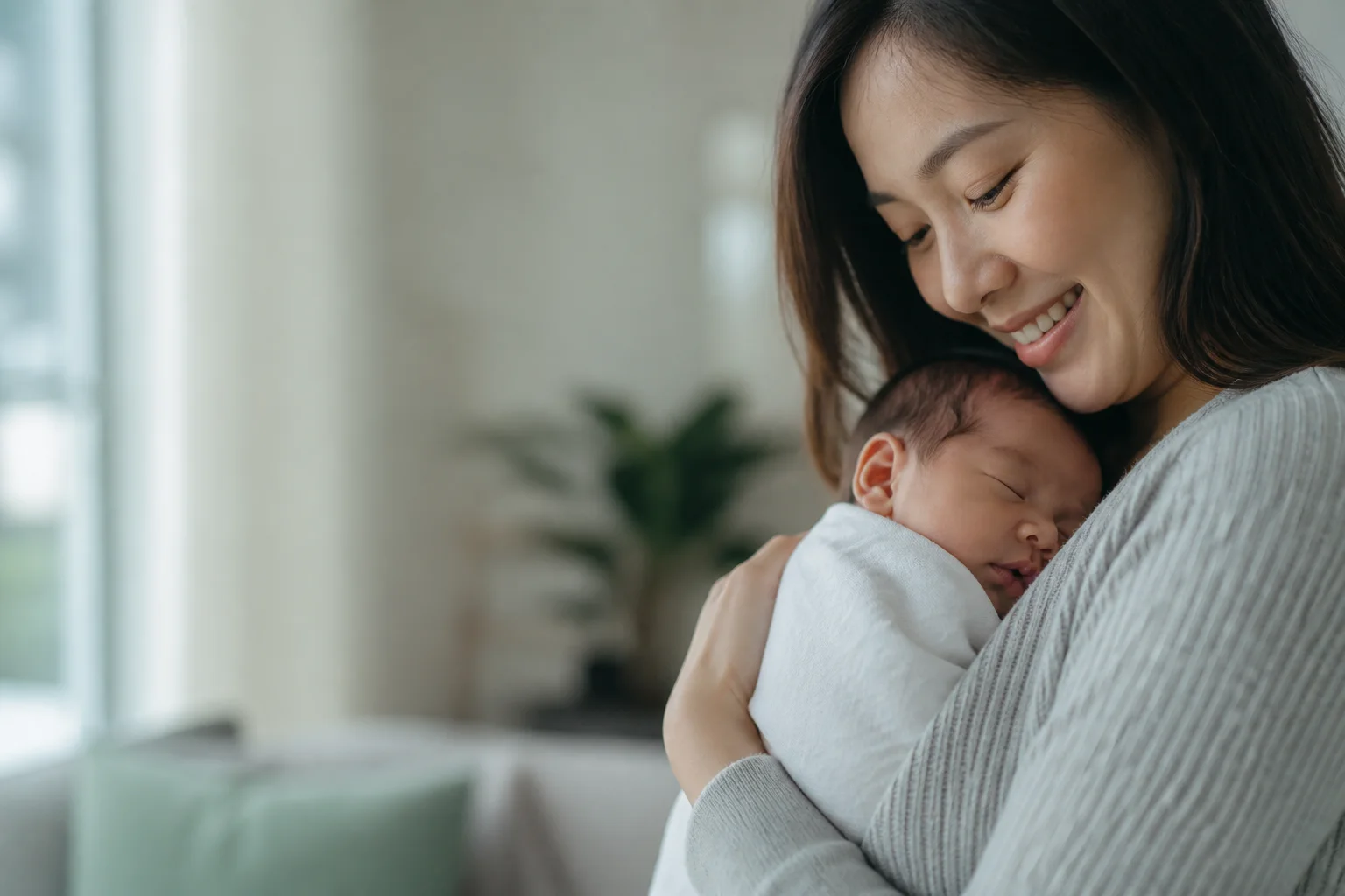 Mother cradling a sleeping newborn during postnatal recovery care