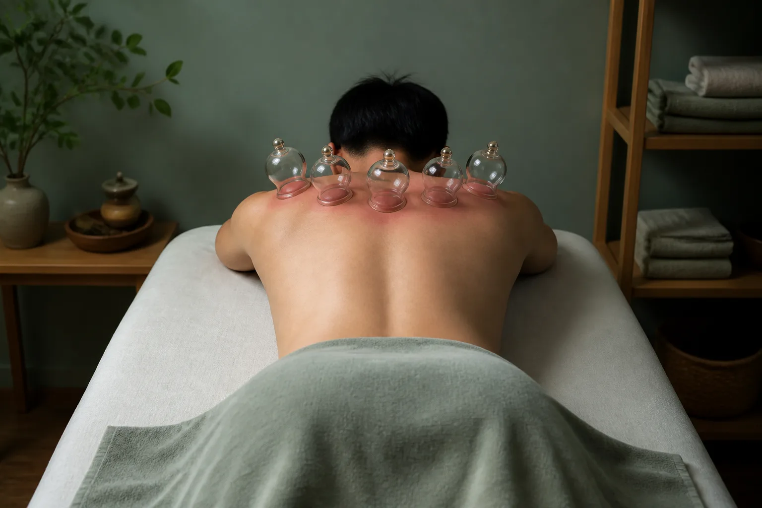 Cupping on the upper back for dampness patterns during weight-pattern care at PULSE TCM
