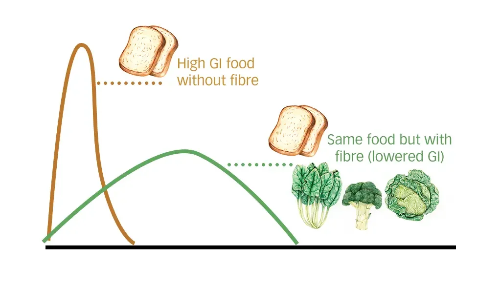 Chart comparing a sharp blood-sugar spike from high-GI food without fibre versus a lower flatter curve when the same food is eaten with fibre