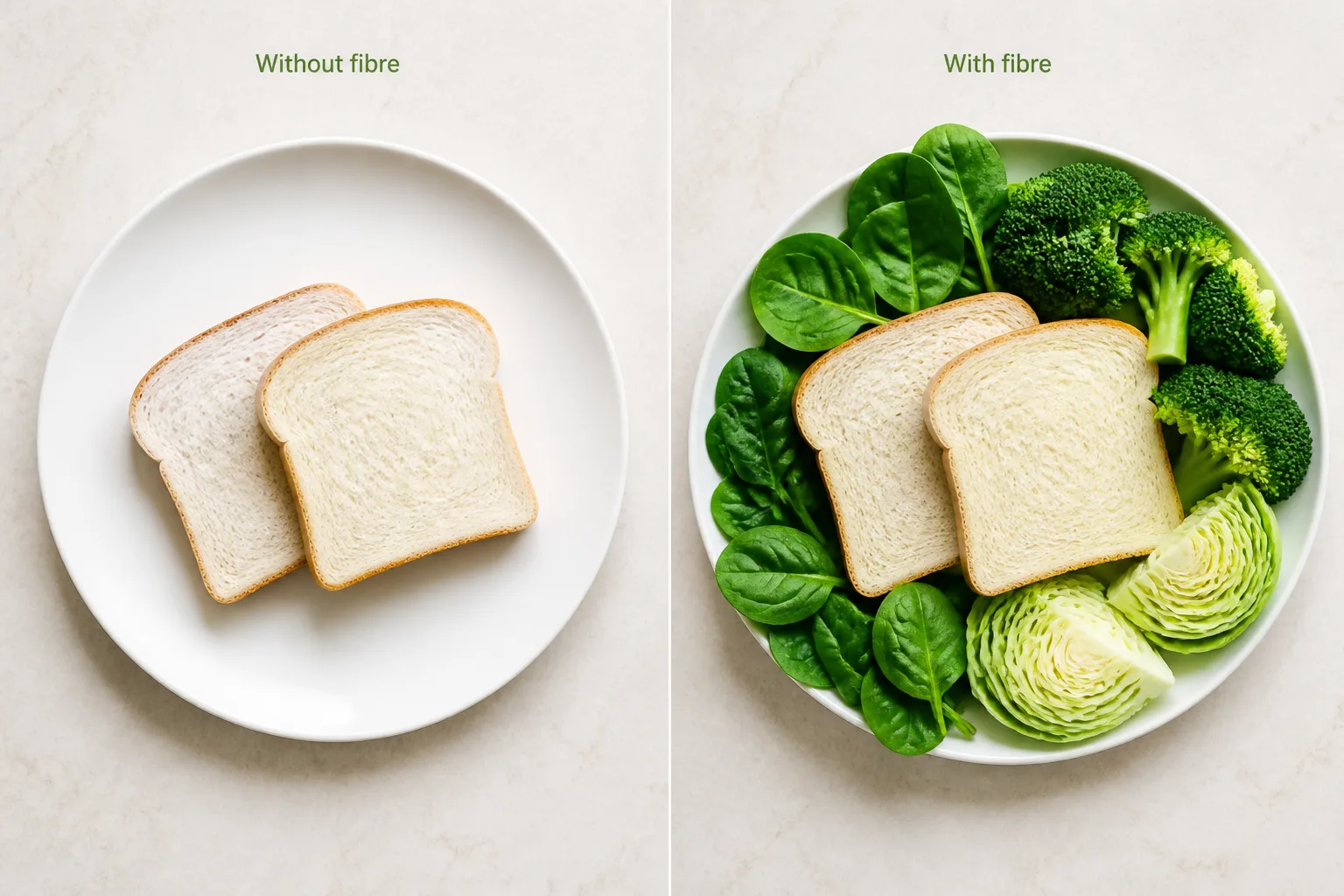 Two plates comparing white bread alone versus white bread with leafy greens and broccoli for fibre