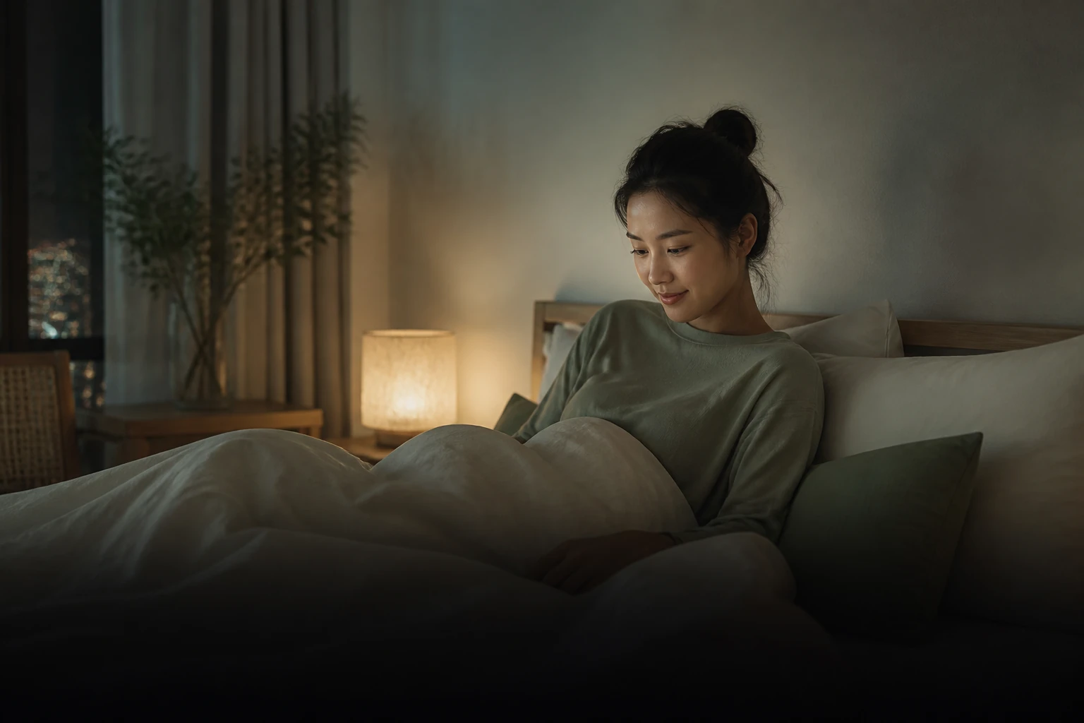Person settling into evening rest in a dim bedroom, seeking restorative sleep