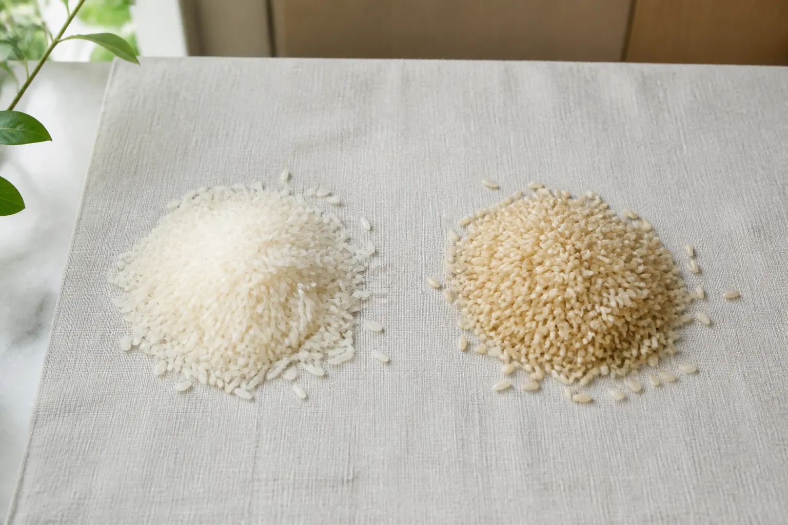 Polished white rice beside unpolished brown rice on a kitchen counter at PULSE TCM