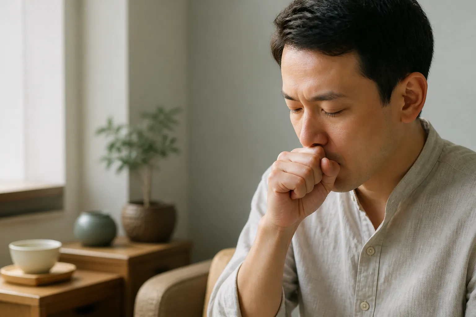 Adult covering a cough with a closed fist, with a cup of herbal tea nearby