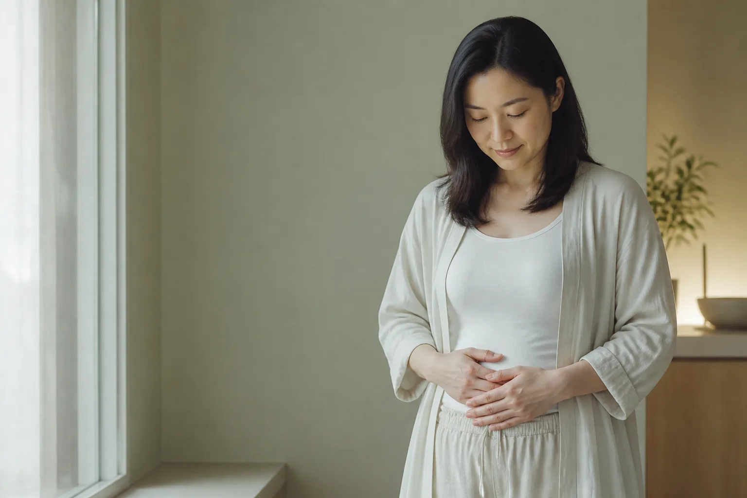 Hands resting on the lower abdomen for TCM fertility and womb warmth