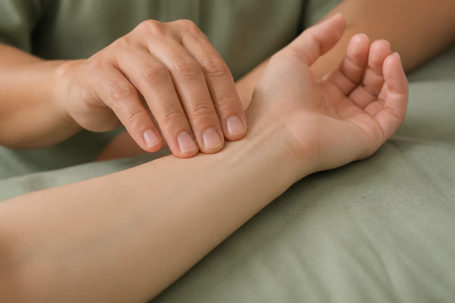 Hands taking a radial pulse during a TCM constitution consult at PULSE TCM