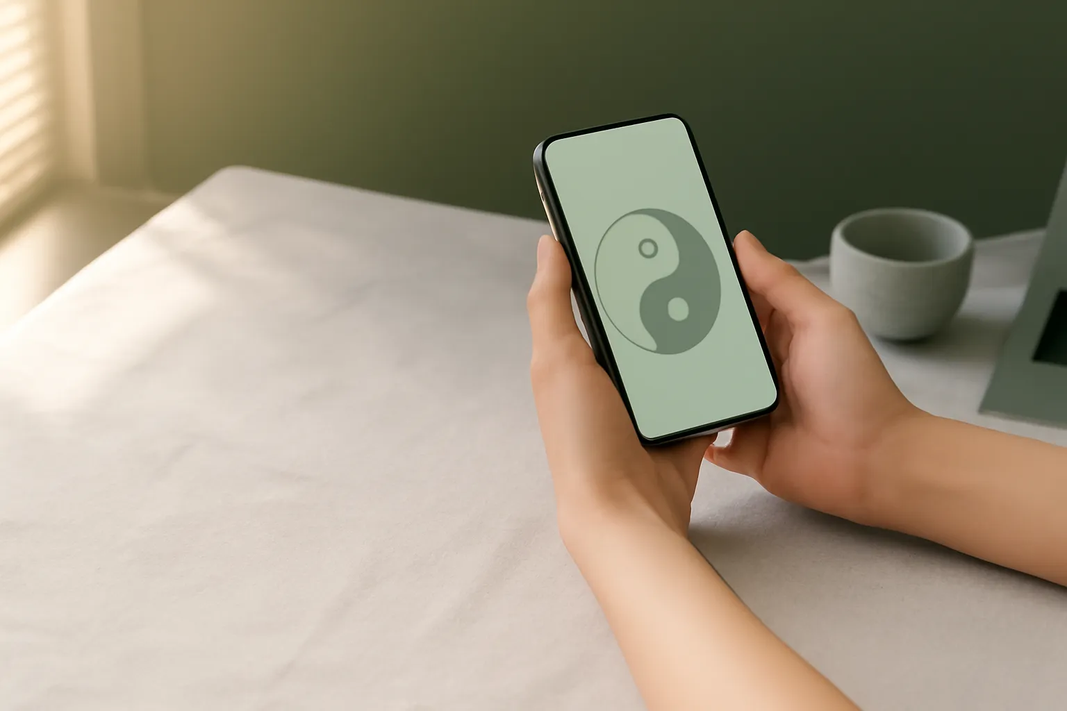 Hands holding a phone showing a yin-yang for a TCM body constitution quiz at PULSE TCM
