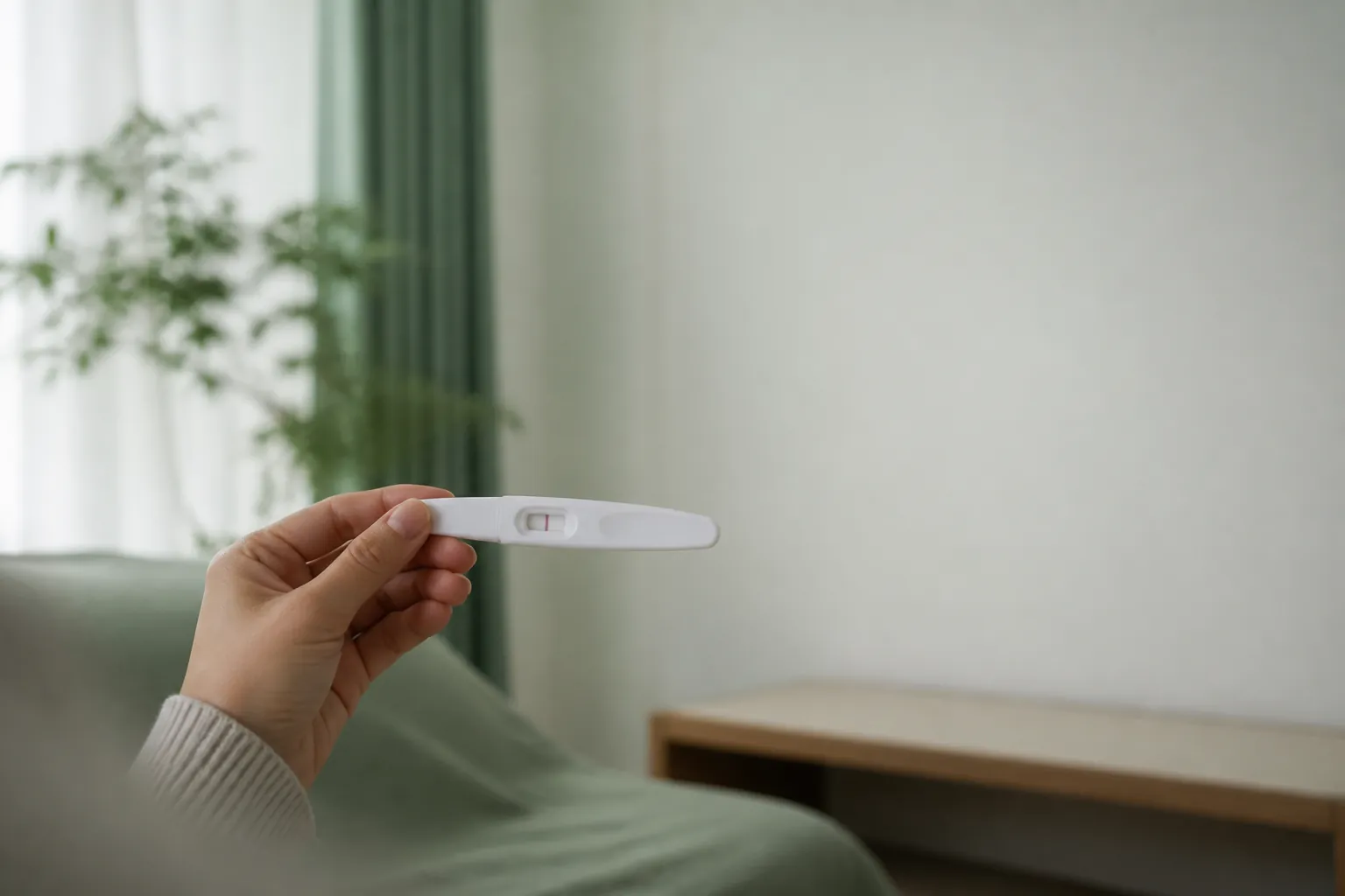 Hand holding a pregnancy test with a single line on a quiet mist background