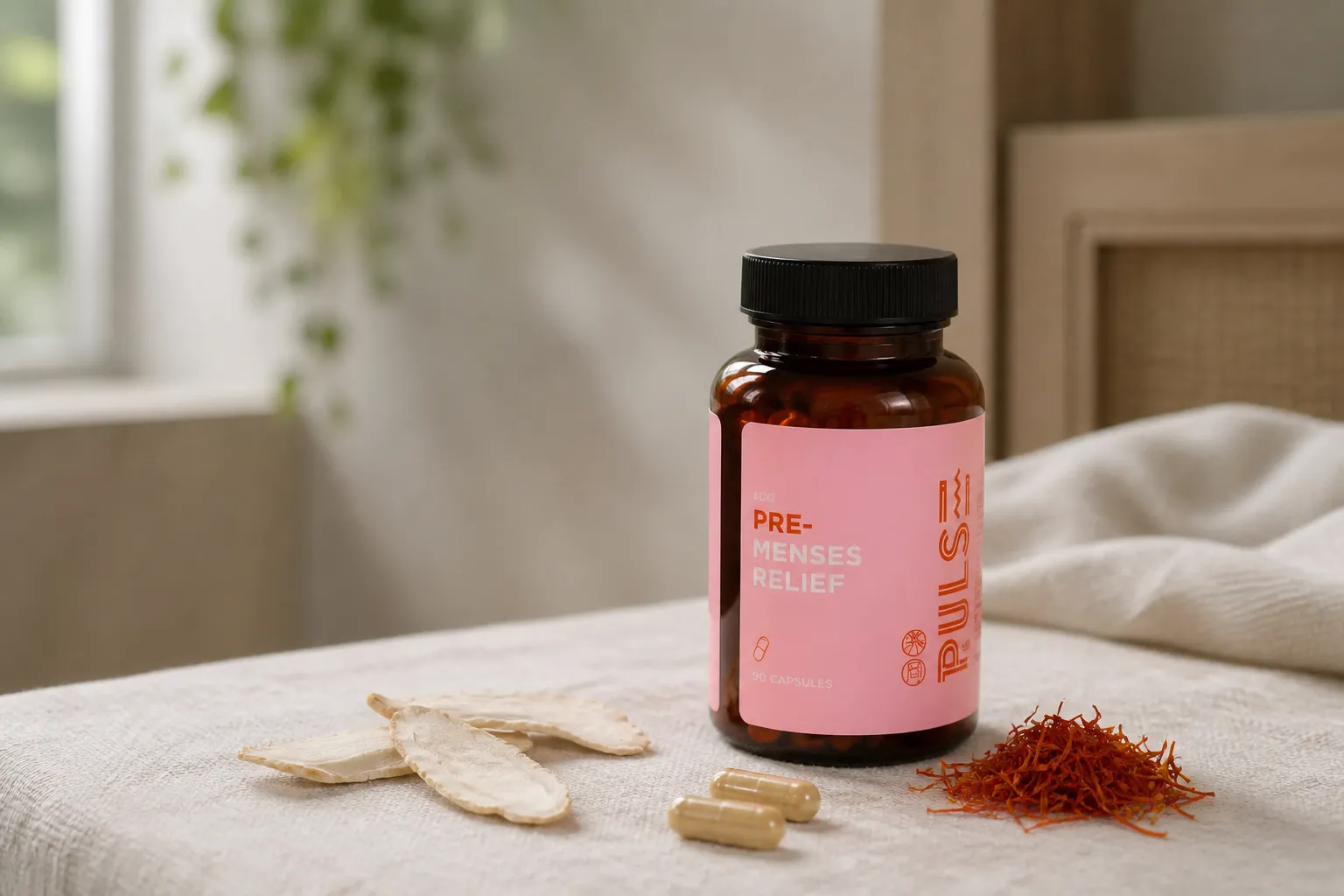 PULSE Pre-Menses Relief herbal capsules on linen