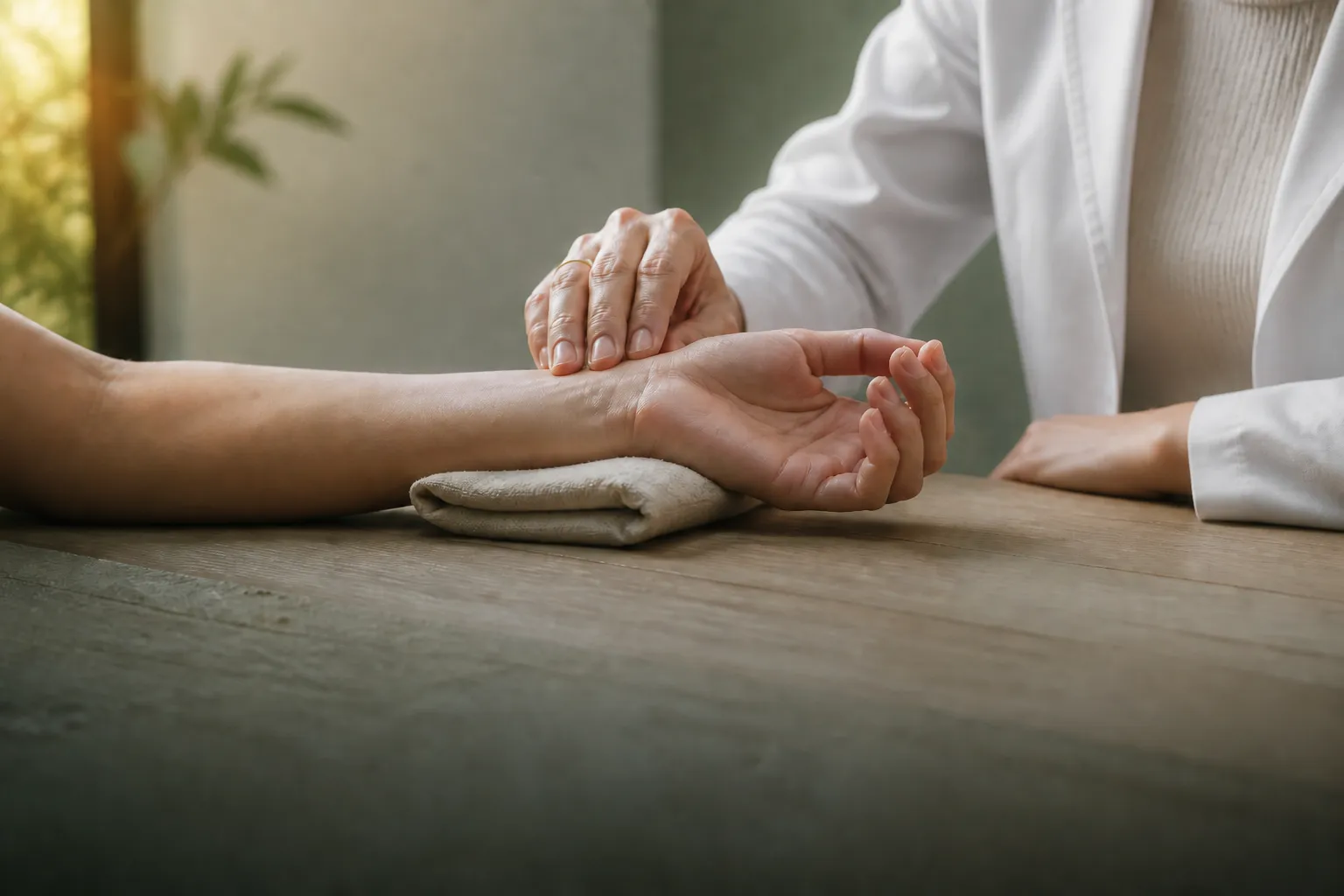 Physician taking a pulse at a PULSE TCM consult table