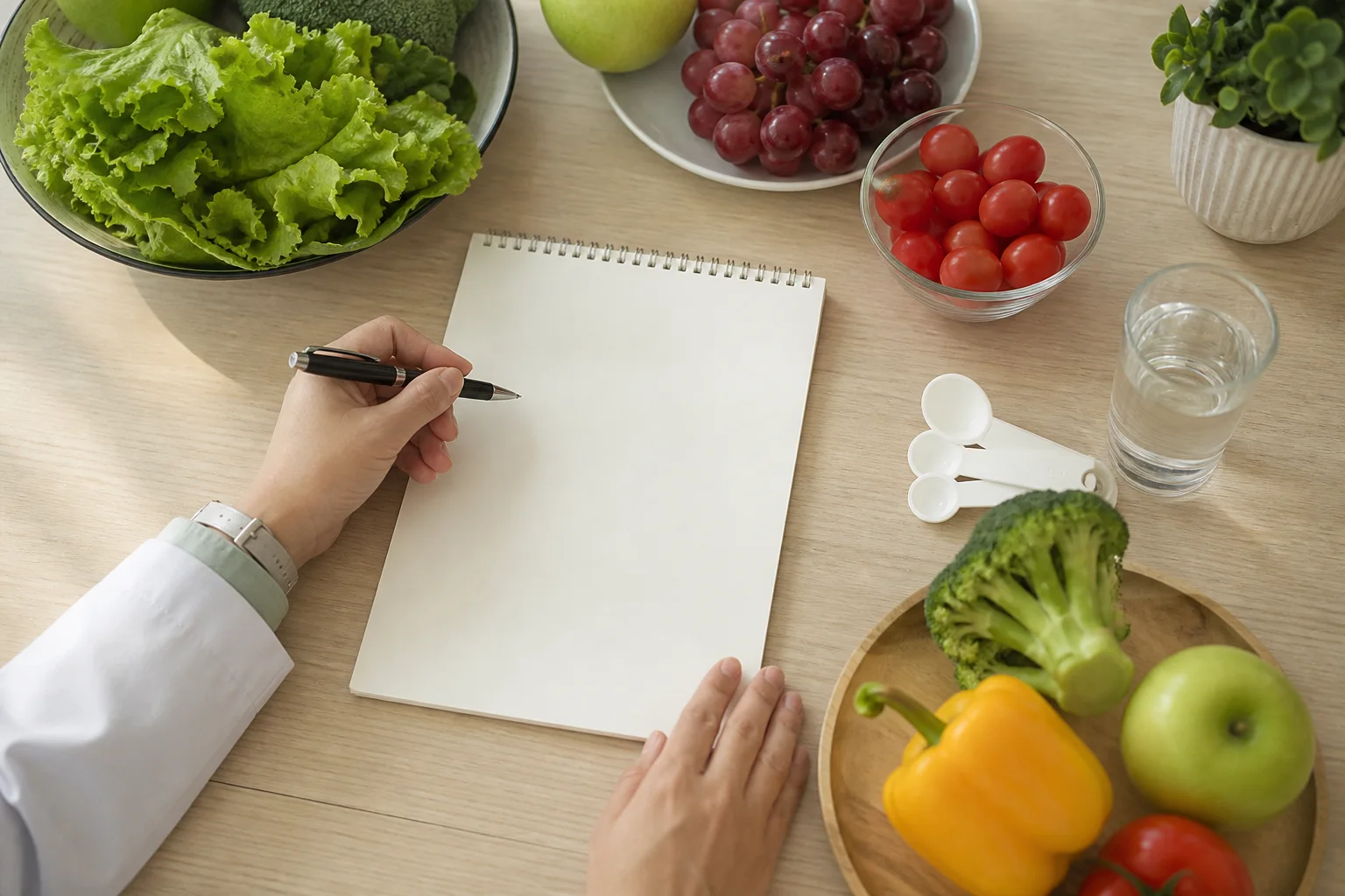 Dietitian meal-planning consult with fresh food and notes at PULSE