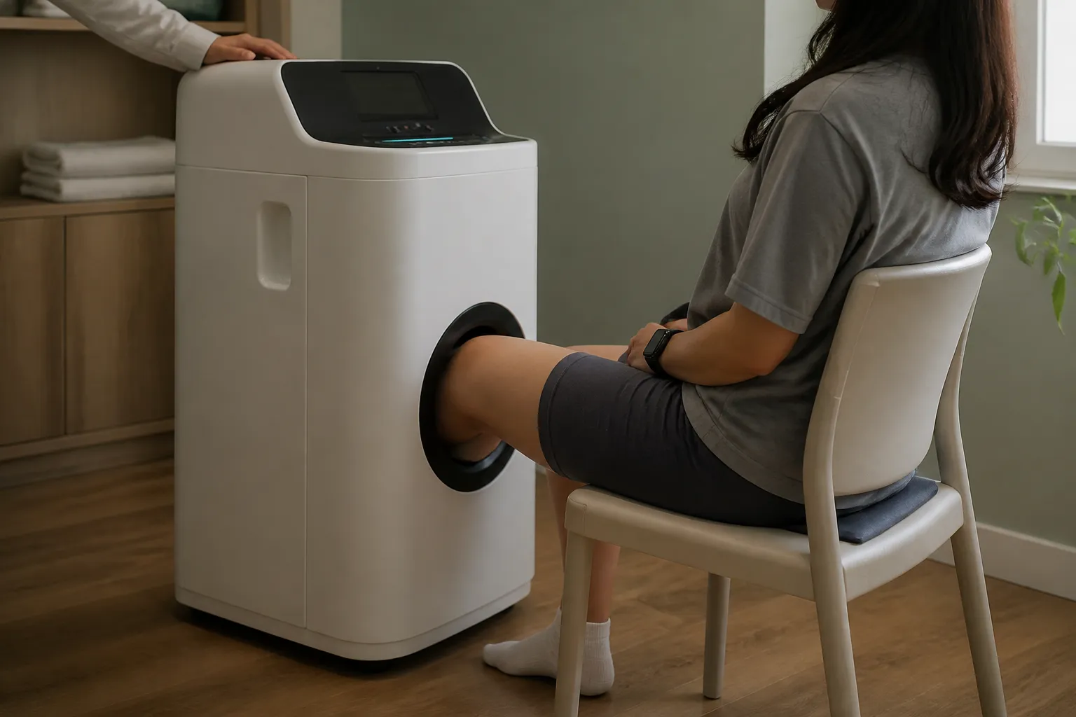 Upper thigh in a BIXEPS muscle-activation device at PULSE TCM