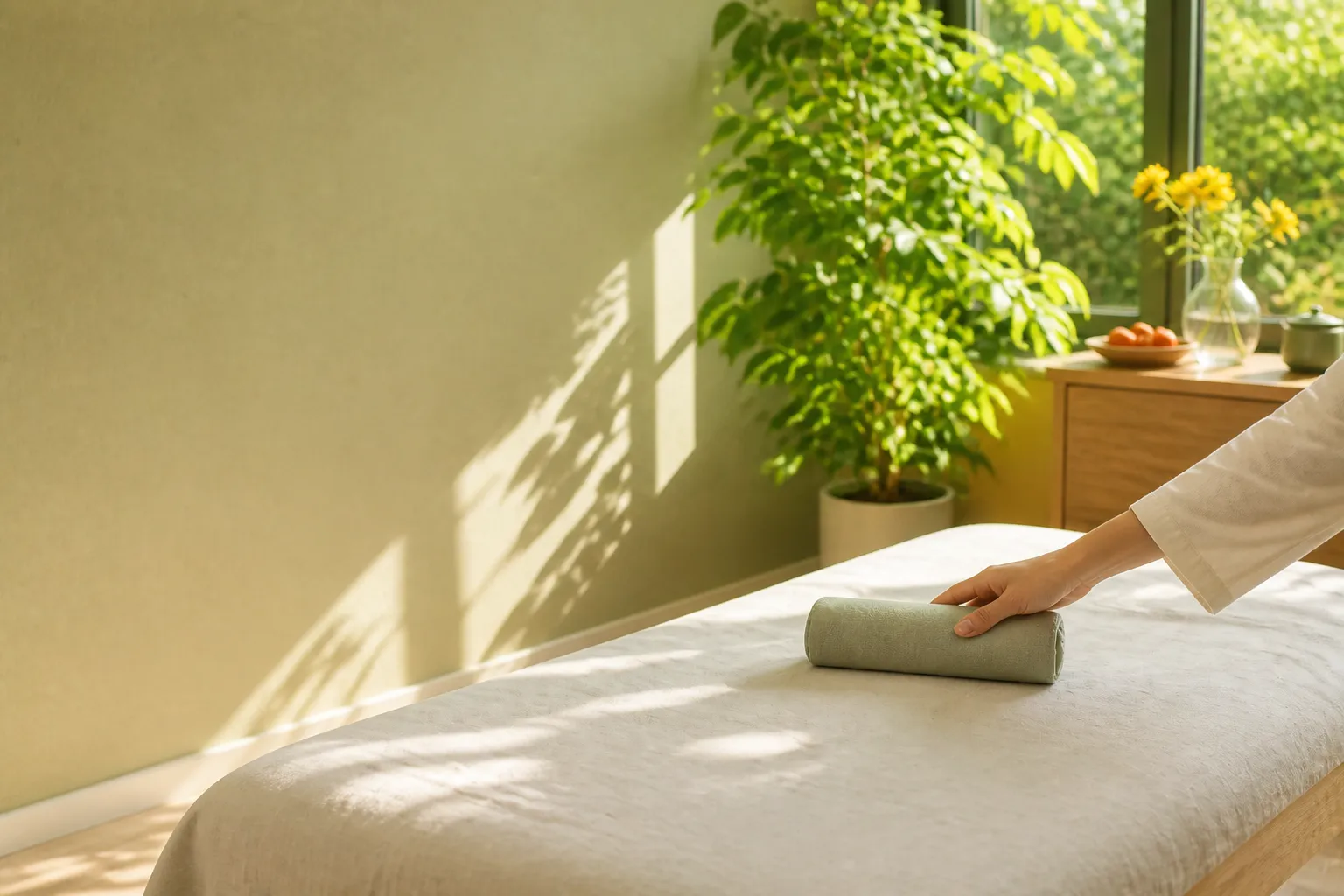 Hand setting linen on a treatment couch for TCM trial offers at PULSE