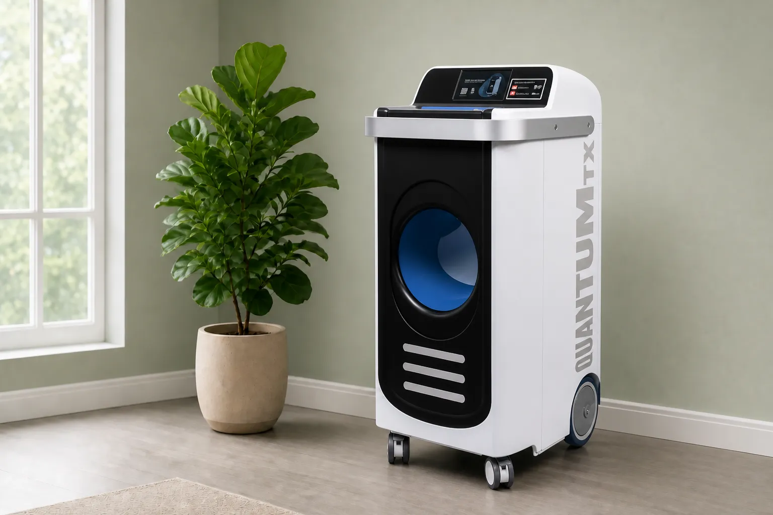 QUANTUM TX BIXEPS device centred in a sage treatment room with a large-leaf plant