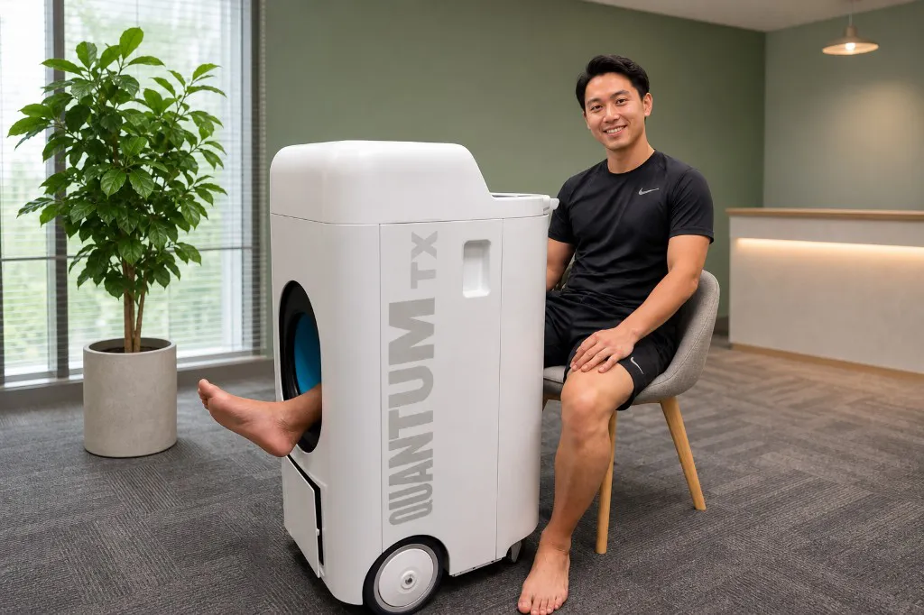 Seated BIXEPS muscle recovery session in a sage-toned PULSE clinic