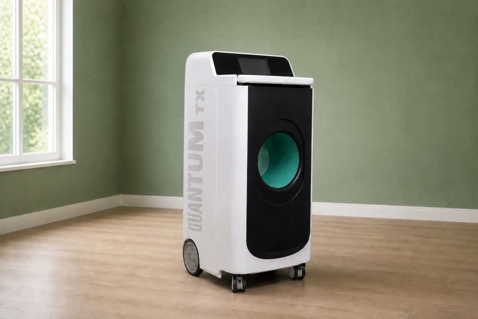 QUANTUM TX BIXEPS device centred in a simple sage treatment room