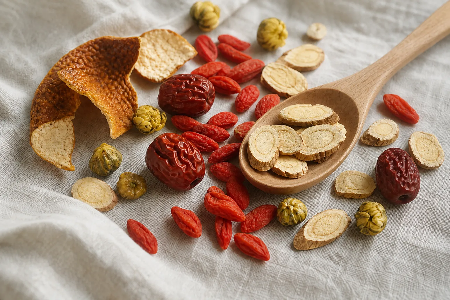 Goji, red dates, and root slices for shi liao kitchen guidance