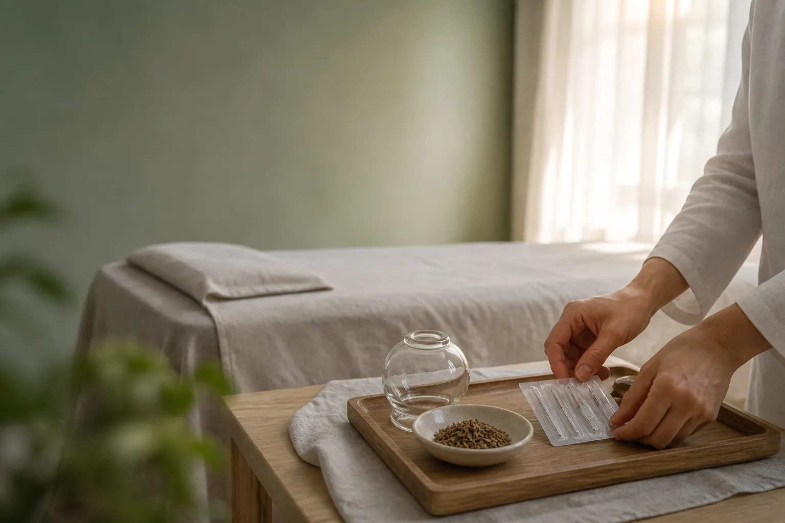 Needle pack, cupping cup, and herbs for TCM treatments at PULSE